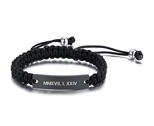 Image of PJ JEWELLERY Personalised Black Stainless Steel ID Plate Bracelets Custom Engraving Handmade Braided Rope Wrist Bangle for Men Women