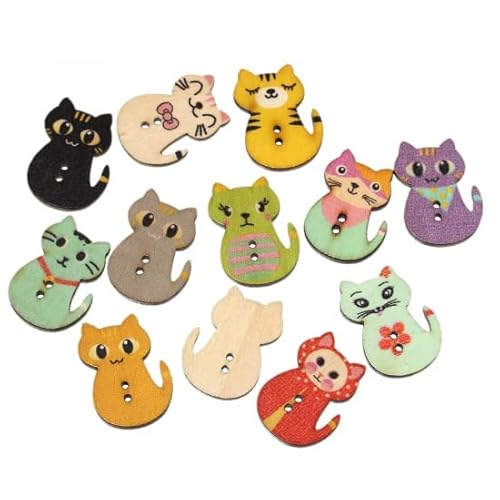 SiAura Material - Lot de 10 boutons en bois en forme de chat - 23 x 30 mm - Mélange aléatoire - 2 trous - Pour couture, bricolage et décoration Cover