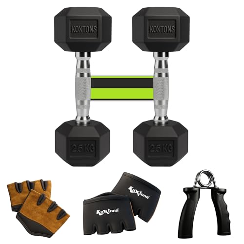 Image of Dumbbell Set 2.5kg (TPR) | Dumbbell with Gym Bag and Hand Gripper, 5kg Pair (2.5kg x 2pcs) | Rubber Coated Hex Dumbells for Home Gym | Gym Equipment for Home Workout