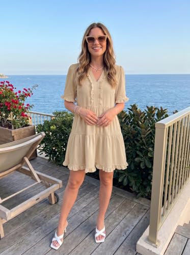 Image of Dokotoo Womens Summer Dresses 2026 V Neck A Line Short Sleeve Casual Ruffle Babydoll Mini Dress