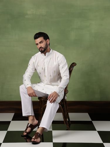 Image of SOJANYA (Since 1958 Men's Cotton Long Kurta with Golden Floral Motif Print