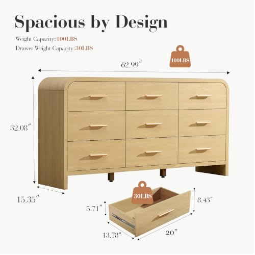 Image of Curved 9-Drawer Dresser for Bedroom, 63 inch Wide Modern Chest of Drawers, Vanity Desk TV Stand for Living Room, Closet Storage Drawers Organizer Furniture, Nursery, Hallway, Natural Oak