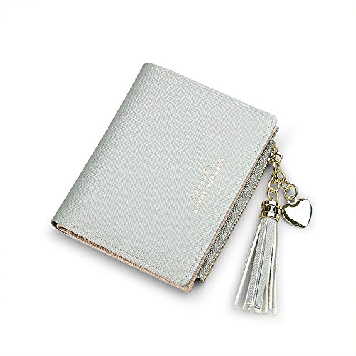 Small Wallet for Women Slim Bifold Card Holder Minimalist Tassel Zipper Coin Pocket (Small-Gray)