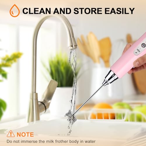 Image of YUSWKO Handheld Milk Frother Wand for Coffee, Rechargeable Electric Whisk with 3 Heads 3 Speeds Drink Mixer Coffee Frother For Latte, Cappuccino, Hot Chocolate, Egg, Pink