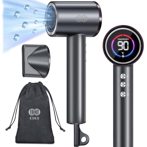 CIICII Profesional Ionico Negativos Secador de Pelo, 120000 RPM Secador de Alta Velocidad (1600W/3 Velocidades/5-Temperaturas/Pantalla HD/Bolsa de Viaje) Secador Pelo para Peluquería en Casa (Negro)