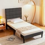 PayLessHere Twin Size Platform Bed Frame with Fabric Headboard/Upholstered Platform Bed/Wooden Slats Support/Fully Upholstered Mattress Foundation/No Box Spring Needed/Easy Assembly, Dark Grey