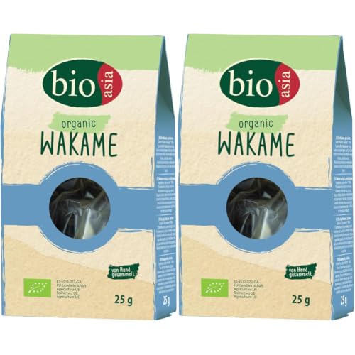 BIOASIA Algas Wakame ecológicas, ricas en vitaminas, minerales y antioxidantes, sin gluten y veganas, ideales para ensaladas, sopas y platos asiáticos, 1 x 25 g (Paquete de 2)