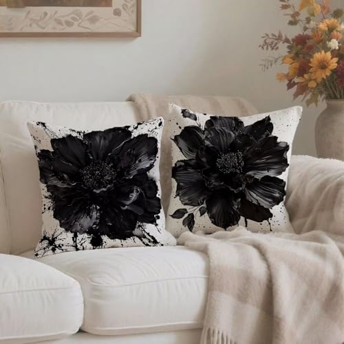 Housse de coussin 65x65 cm lot de 2 en lin imperméable noir - 4