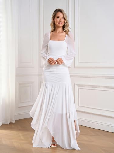 Women's Formal Long Sleeve Maxi Dress Asymmetrical Hem Square Neck Mesh Wedding Guest Cocktail Dresses2