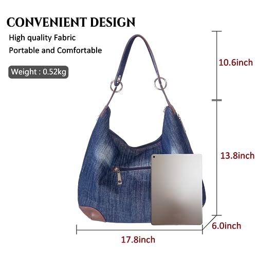 Image of Denim Handbags for Women Jean Purse with Multiple Pockets Denim Blue Pocketbooks Tote Hobos Crossbody Bags