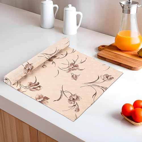 Image of Kuber Industries 5 Meters Waterproof & Durable Kitchen Mats for Shelf Liner Roll | Wipeable Fridge Sheets for Shelves Cabinet Drawer | Brown Flowers Print - Cream