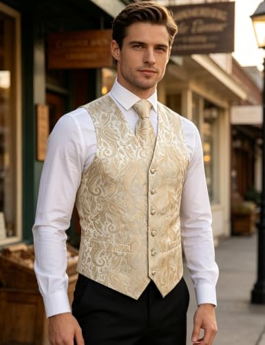 Image of DiBanGu Mens Vest and Tie Set Formal Paisley Waistcoat and Necktie Pocket Square Cufflinks Silk Suit Vest for Tuxedo Wedding
