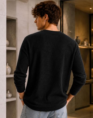 Image of AUSK Men's Waffle Knit Henley T-Shirt | Cotton Blend Full Sleeve Textured Casual T Shirt | Regular Fit Button Placket Round Neck Tshirt for Men