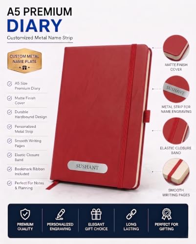 Image of Personalized Diary Gift Set with Bottle & Pen Red | 3-in-1 | Custom name diary, stainless steel bottle and pen combo for corporate gifting, employees, men, women and office use.