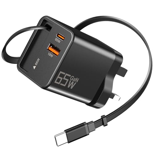 YSSTKFD 65W USB C Charger with 0.7m Retractable Cable, Fast Charging Plug