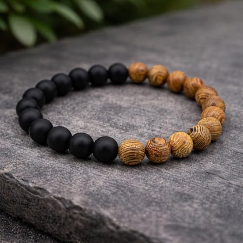 Image of Men's Beaded Bracelet | Matte Black & Natural Wooden Beads | Stretchable Elastic Wrist Band | Stylish Couple Bracelet | Daily Wear Fashion Jewelry for Men & Women
