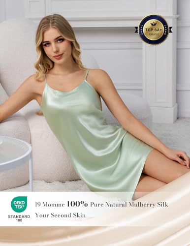 Image of THXSILK Women's Silk Nightgown, 100% Real 19 Momme Mulberry Silk Sleepwear Round Neck Spaghetti Strap Chemise Nightdress