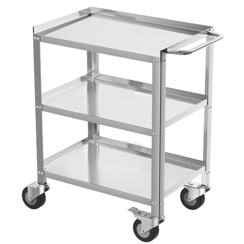 TAIMIKO Chariot de Service en Acier Inoxydable, Desserte de Travail 3 Étagères Charge 150kg Chariot d'Atelier pour Garage, Atelier, Cuisine 68x41x86,5cm