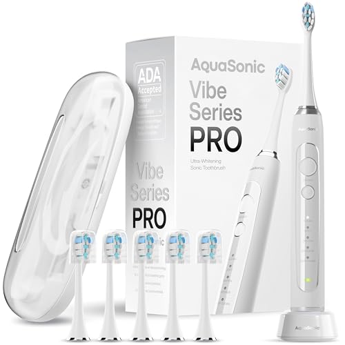 Image of Aquasonic Vibe Series PRO - Ultra-Whitening Electric Toothbrush - 5 Modes & Smart Timers - Premium Travel Case & 6 Proflex Brush Heads - ADA Accepted Toothbrush (Optic White)
