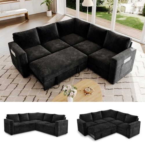 Image of 83.5 inch Chenille Sectional Sleeper Sofa, Pull Out Couch with Storage, Black