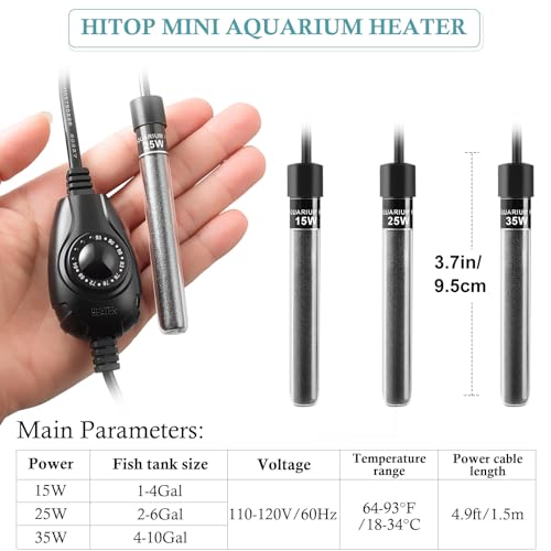 Image of HITOP 15W /25W /35W Mini Aquarium Heater Submersible Small Fish Tank Heater for up to 10Gallons Fish Tanks, Fish Bowls, Betta Heater with External Temperature Controller
