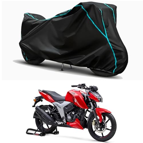 Image of Waterproof Bike Body Cover Compatible for | TVS Apache RTR 160 New BS6 | Taffeta Fabric, Sky Piping Design, Bottom Elastic Fit | Dustproof, Sun UV & Rain Protection for All Weather.
