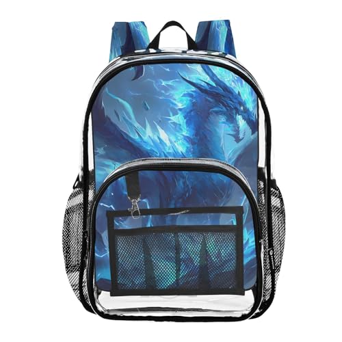 Glowing Dragon Blue Clear Backpack Heavy Duty See Through Transparent PVC BookBag for Kids Boy Girl School Work