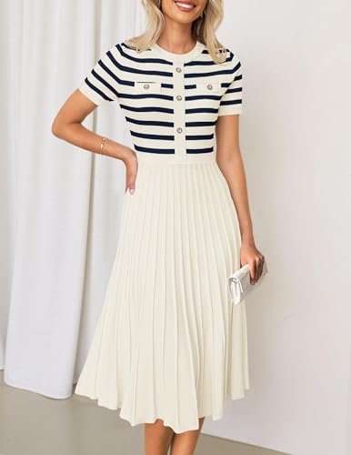 ZESICA Women's 2025 Casual Striped Midi Dress Crewneck Short Sleeve Button Ribbed Knit Swing Pleated A Line Dresses2
