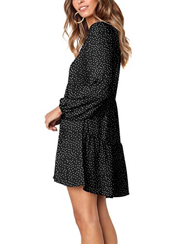 Amoretu Women's V-Neck Lantern Sleeve Casual Tunic Dress Knee Length Dot Black M