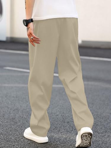 Image of MULAVRI Solid Drawstring Relexed Fit Modern Straight Leg Pants for Men's