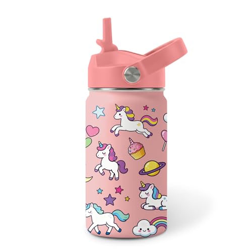 Image of Unicorn Water Bottle for Son & Daughter, Stainless Steel Insulated Tumbler with Straw Lid and Handle, 12oz Reusable Leak-Proof Bottle for Sports
