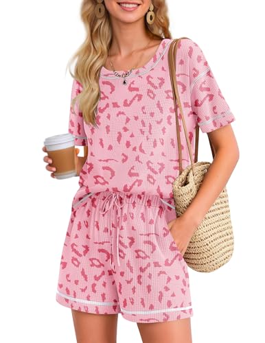 Ekouaer Women's Waffle Knit Two Piece Lounge Set, Soft Matching Outfits for Daily Wear, Casual Shorts Set with Elastic Waist & Pocket