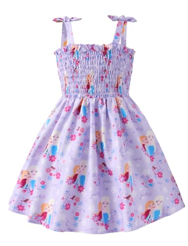 Image of Disney Princess Frozen Elsa Minnie Stitch Toddler Girl Dress Bow Tie Straps Smocked Summer Outfit Birthday Party Clothes 2-9Y