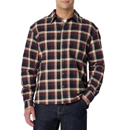 Amazon Essentials Men's Relaxed-Fit Long-Sleeve Flannel Shirt, Dark Burgundy Black Check Plaid, X-Large