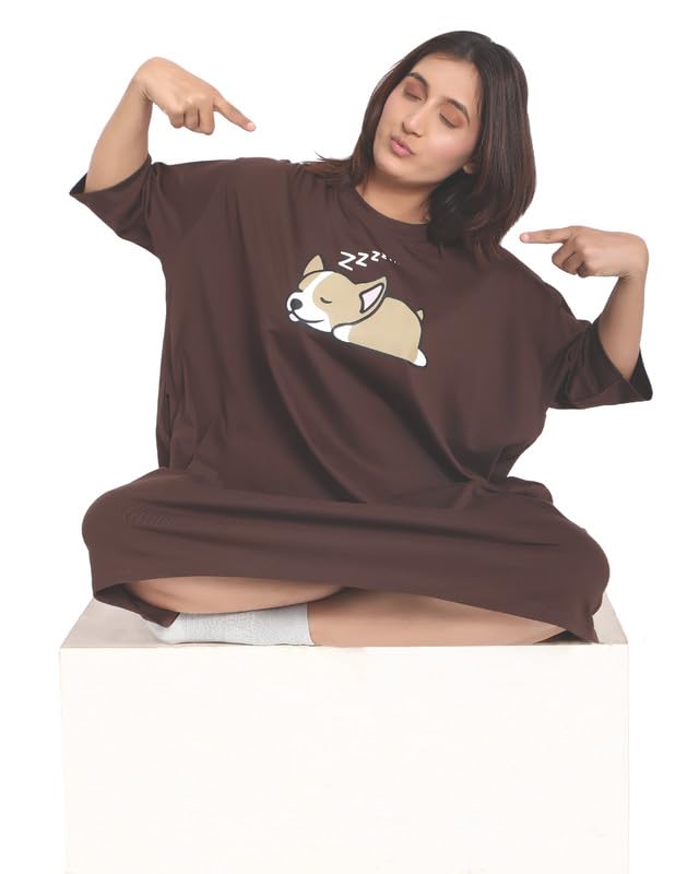 Image of LAMA STORE Women's Printed Oversized T-Shirt Dress, Cotton, 3 /4 Sleeve Length, Casual Loose Fit, Comfort Wear Extra Comfy Oversized Printed Pocket T-Shirt Dress