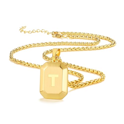 Initial A-Z Necklace for Men Boys, Stainless Steel Gold Square Letter Pendant Chain for Mens, 20+2 Inch Wheat Chain Alphabet Monogram Dog Tag Necklaces Fathers Day Dad Gifts Jewelry Gifts(T)