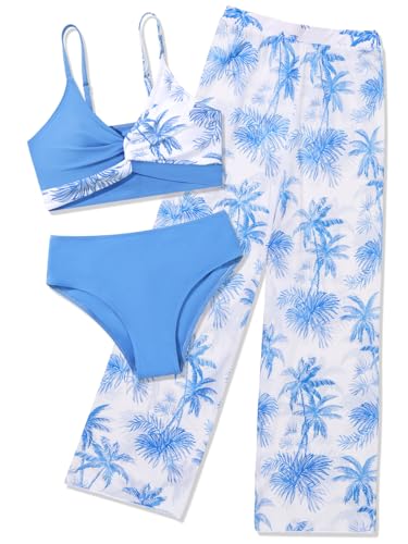 Image of Girls Swimsuit 3 Piece Bathing Suit Criss Cross Bikini Set Tropical Floral Swimwear with Mesh Cover Up Pants Size 9-16Y