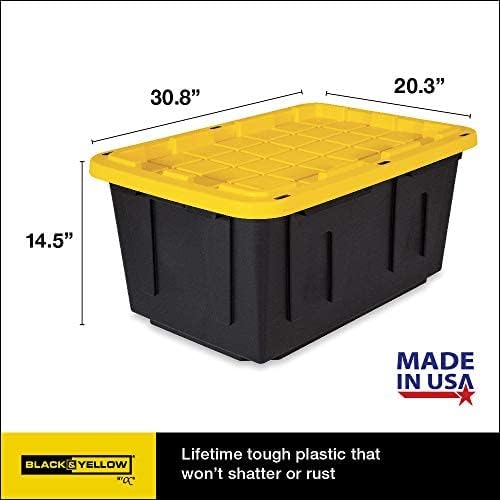 CX BLACK & YELLOW, 27-Gallon Heavy Duty Tough Storage Container & Snap-Tight Lid, (14.3H x 20.6W x 30.6D), Weather-Resistant Design and Stackable Organization Tote [4 Pack] - 1 cover missing, 3 covers damage