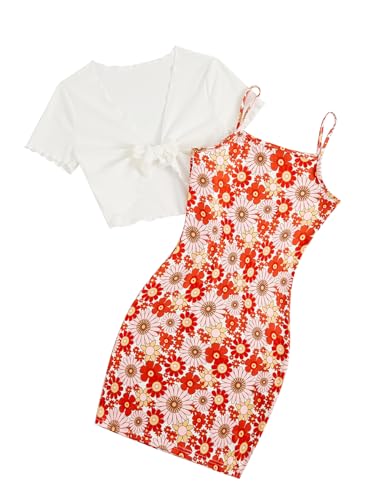 Image of OYOANGLE Girl's 2 Piece Outfits Bow Knot Floral Print Short Sleeve Tie Front Top Sleeveless Cute Cami Dresses Sets