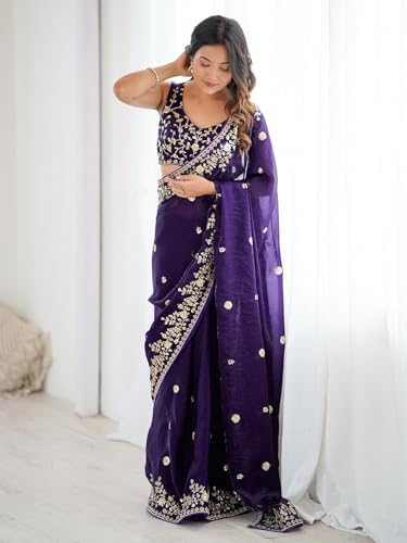 Image of Satrani Women's Tissue Silk Scalloped Border Sequins Embroidery Saree with Unstitched Blouse Piece