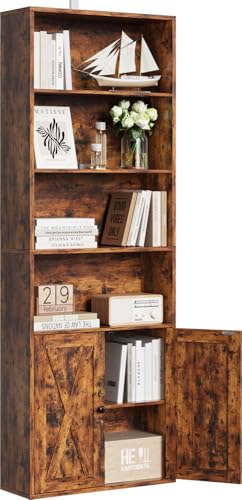 IRONCK Bookcase 6-Tier, Bookshelf with Doors, 180cm Tall Living Room Bookcases, Display Shelf Storage, Freestanding Book Shelf Unit for Home Office, Dinning Room, 60x23.5x180cm (Retro Brown)