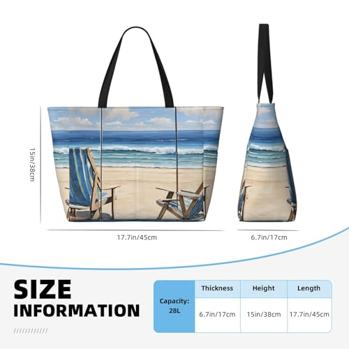 (beach scene with chairs) Large Beach Tote Bag for Women Waterproof Sandproof Travel Shoulder Bag with Pocket for Pool Vacation Weekend Gym4