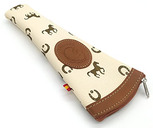 Funda Abanico Piel con Cremallera (24,5 x 9 cm). Porta Abanico Cuero Estuche Protector. Cosido a Mano con Bandera de España. NO Incluye Abanico (Beige)