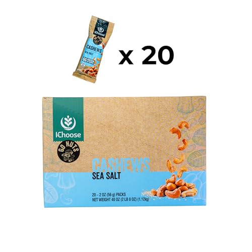Image of IChoose Sea Salt Cashews, 2oz Individual Snack Packs (20 Count Bulk) - Lightly Salted Whole Roasted Cashews . Office, Family & Pantry Pack . Plant-Based Protein . Gluten Free