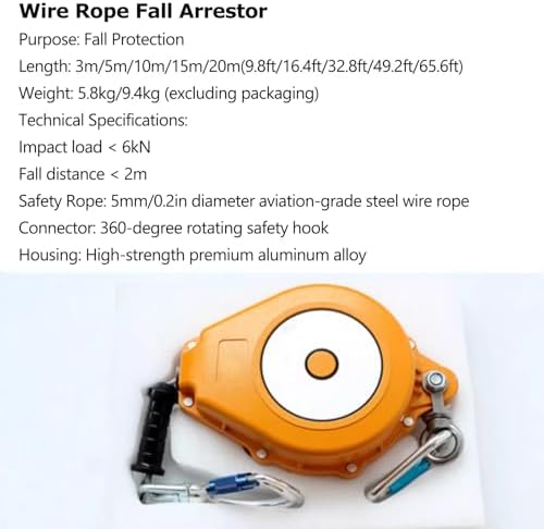 Self-retracting Lifeline, Heavy-Duty Retractable Safety Lanyard with Alloy Steel Hook and Aircraft-Grade Steel Cable, Rated for Impact Loads Under 6kN(15m/49.2ft)