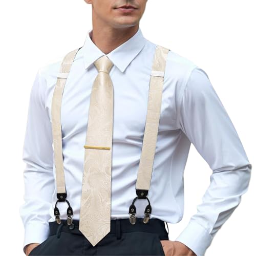 Image of Hi-Tie Men's Suspenders and Tie Set Silk Adjustable Elastic Y Braces with Strong 6 Clips Pocket Square Set