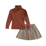 Kayotuas Kids Toddler Baby Girl Fall Winter Outfit Ribbed Sweater Shirt Tops Plaid Pleated Skirt 2PC