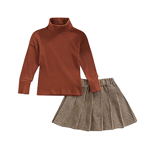Kayotuas Kids Toddler Baby Girl Fall Winter Outfit Ribbed Sweater Shirt Tops Plaid Pleated Skirt 2Pcs Clothes Set (Brown,4-5T) #TOP19