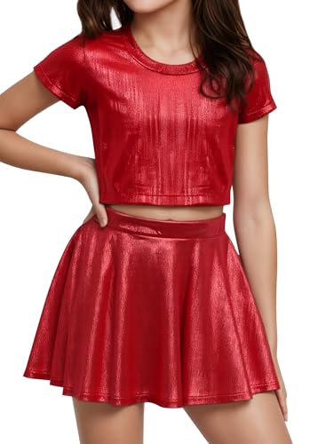 Image of Happy Cherry Kid Girl Shiny Skirt and Top Set 2 Piece Texture Ribbed Metallic Disco Rave Cheer Outfit 4-12T
