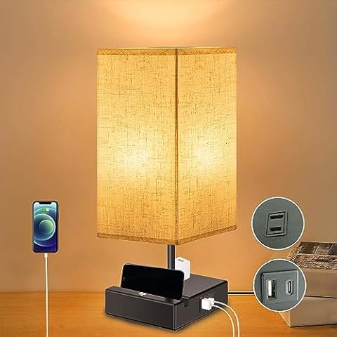 Eva's Light Table Lamp, 3-Way Dimmable Table Lamp, Touch Control, Type C/USB Charging Port, 1 AC Outlet, Linen Fabric Bedside Table Lamp for Bedroom Living Room (Bulb Included) Cover